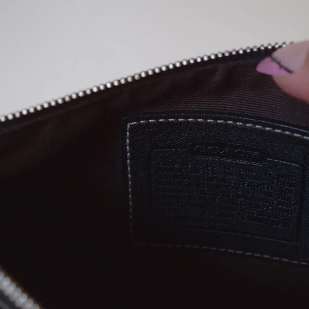 Coach Black Leather Wristlet With Brown Trim
